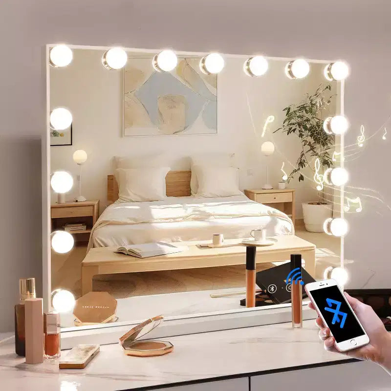 Specchio da bagno moderno da 22,8'' con luci, porta di ricarica, altoparlante Bluetooth e microfono