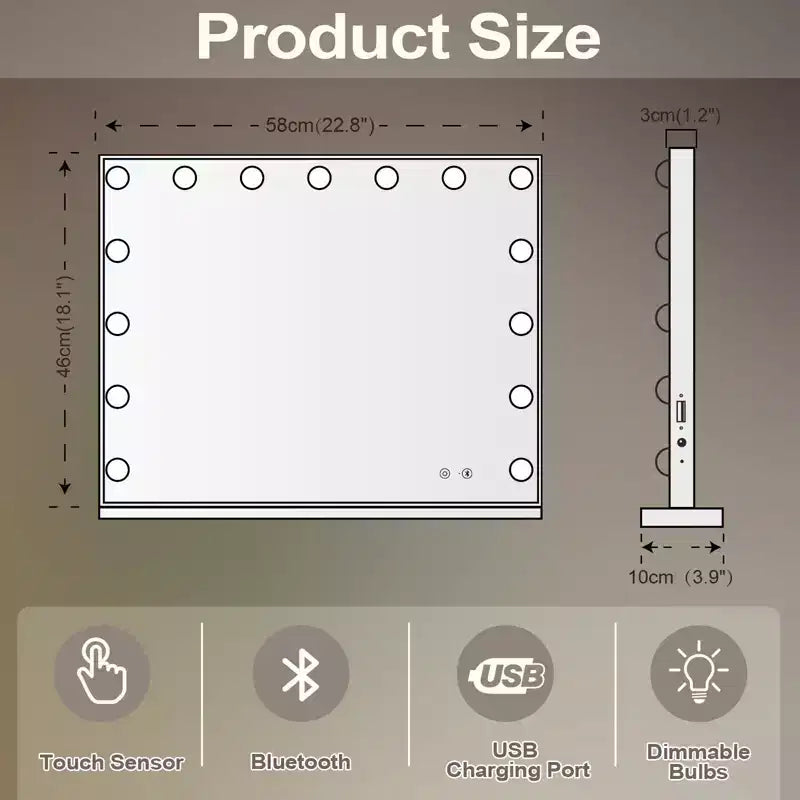 Specchio da bagno moderno da 22,8'' con luci, porta di ricarica, altoparlante Bluetooth e microfono