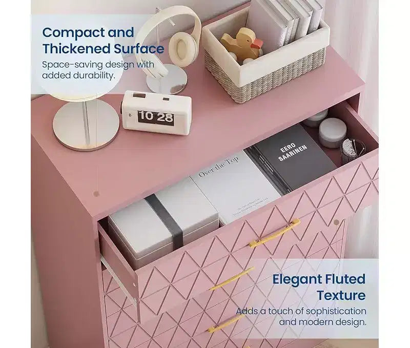 Comò Alto per Camera da Letto con 5 Cassetti, Cassettiera in Legno con Maniglie Dorate, Mobile Contenitore e Cassetti Organizer in Legno per Soggiorno