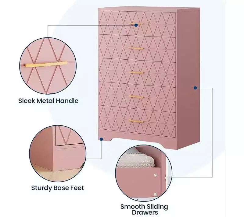 Comò Alto per Camera da Letto con 5 Cassetti, Cassettiera in Legno con Maniglie Dorate, Mobile Contenitore e Cassetti Organizer in Legno per Soggiorno