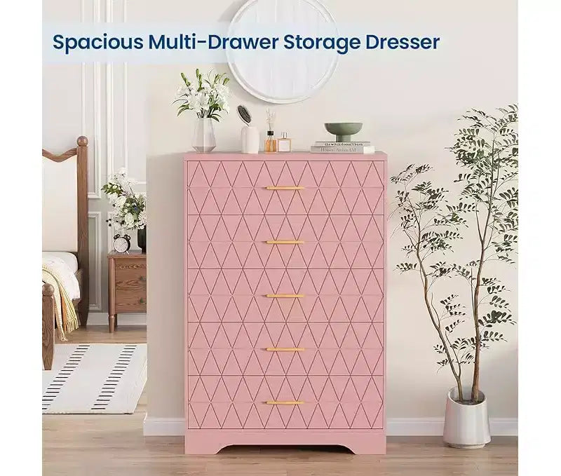 Comò Alto per Camera da Letto con 5 Cassetti, Cassettiera in Legno con Maniglie Dorate, Mobile Contenitore e Cassetti Organizer in Legno per Soggiorno