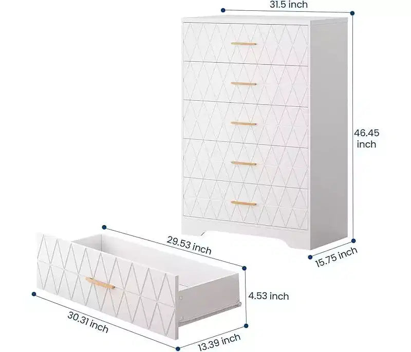Comò Alto per Camera da Letto con 5 Cassetti, Cassettiera in Legno con Maniglie Dorate, Mobile Contenitore e Cassetti Organizer in Legno per Soggiorno