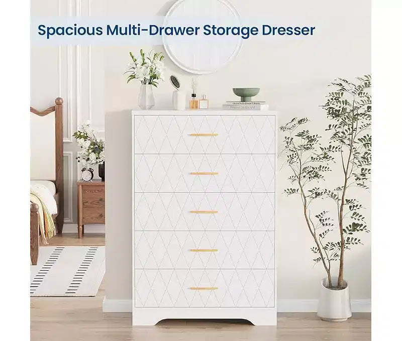 Comò Alto per Camera da Letto con 5 Cassetti, Cassettiera in Legno con Maniglie Dorate, Mobile Contenitore e Cassetti Organizer in Legno per Soggiorno