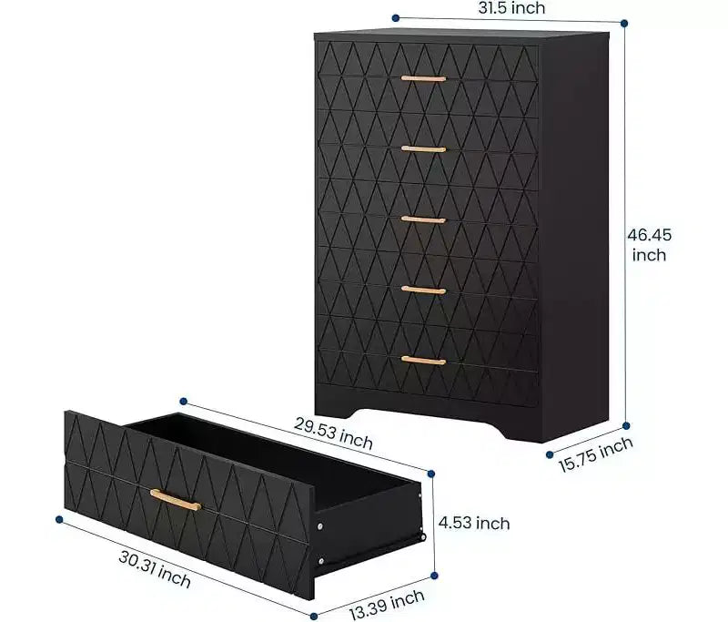 Comò Alto per Camera da Letto con 5 Cassetti, Cassettiera in Legno con Maniglie Dorate, Mobile Contenitore e Cassetti Organizer in Legno per Soggiorno