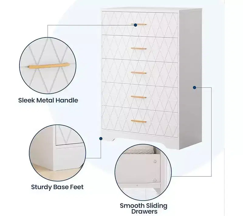 Comò Alto per Camera da Letto con 5 Cassetti, Cassettiera in Legno con Maniglie Dorate, Mobile Contenitore e Cassetti Organizer in Legno per Soggiorno