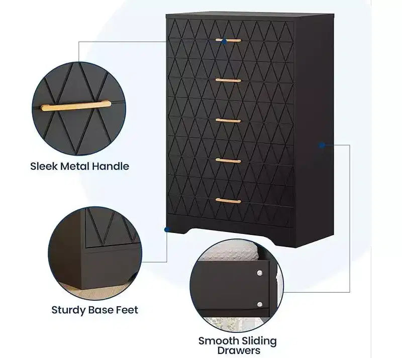 Comò Alto per Camera da Letto con 5 Cassetti, Cassettiera in Legno con Maniglie Dorate, Mobile Contenitore e Cassetti Organizer in Legno per Soggiorno
