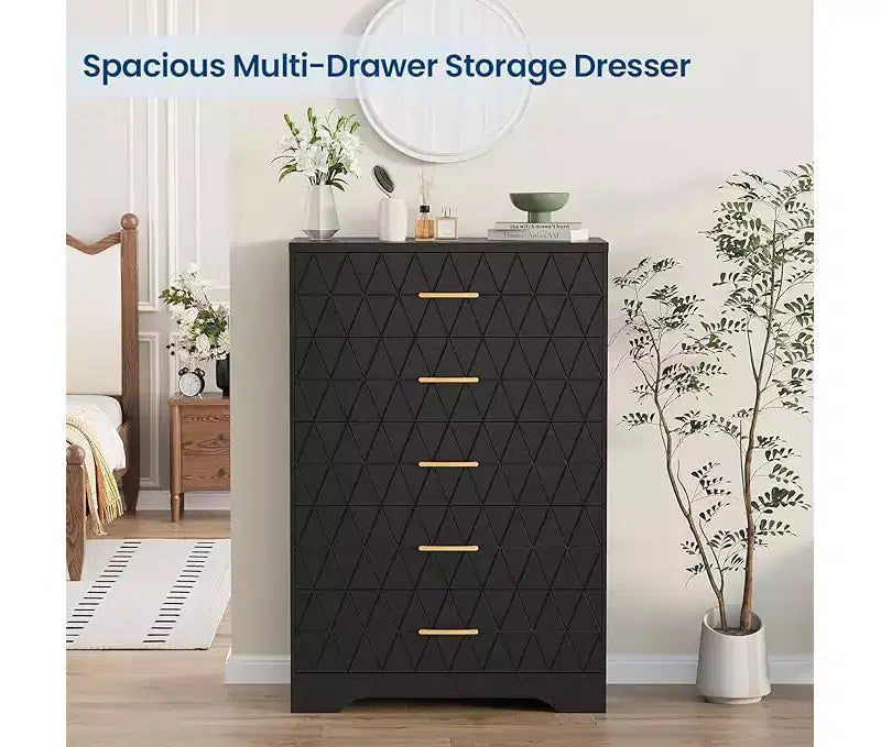 Comò Alto per Camera da Letto con 5 Cassetti, Cassettiera in Legno con Maniglie Dorate, Mobile Contenitore e Cassetti Organizer in Legno per Soggiorno
