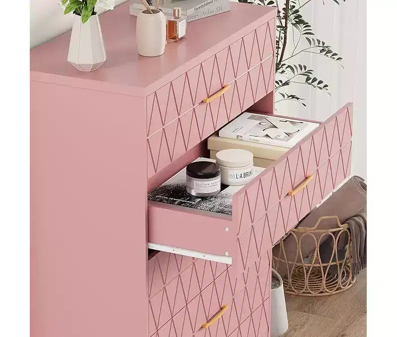 Comò Alto per Camera da Letto con 5 Cassetti, Cassettiera in Legno con Maniglie Dorate, Mobile Contenitore e Cassetti Organizer in Legno per Soggiorno