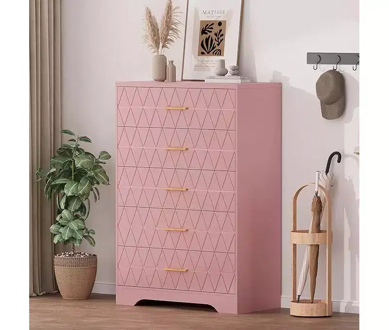 Comò Alto per Camera da Letto con 5 Cassetti, Cassettiera in Legno con Maniglie Dorate, Mobile Contenitore e Cassetti Organizer in Legno per Soggiorno
