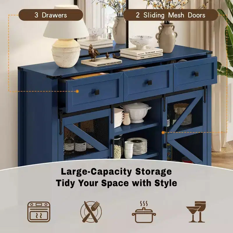 Credenza moderna in vetro per sala da pranzo, mobile dispensa da cucina con anta scorrevole a granaio e maniglie in metallo