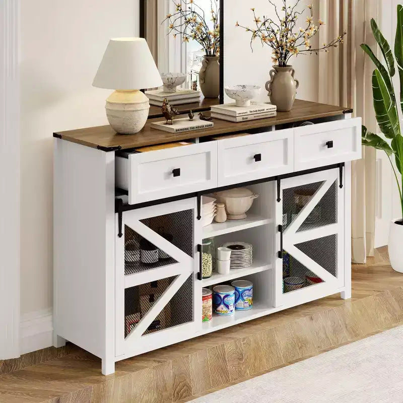 Credenza moderna in vetro per sala da pranzo, mobile dispensa da cucina con anta scorrevole a granaio e maniglie in metallo