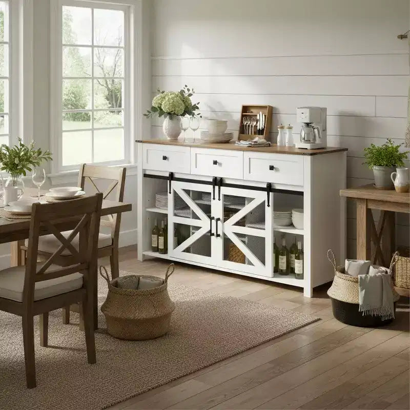 Credenza moderna in vetro per sala da pranzo, mobile dispensa da cucina con anta scorrevole a granaio e maniglie in metallo