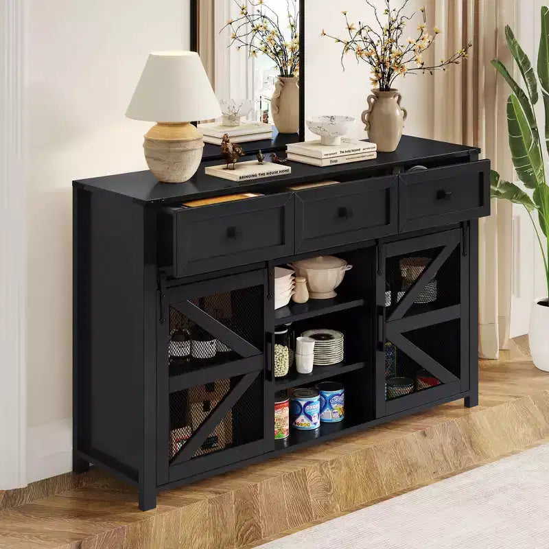 Credenza moderna in vetro per sala da pranzo, mobile dispensa da cucina con anta scorrevole a granaio e maniglie in metallo