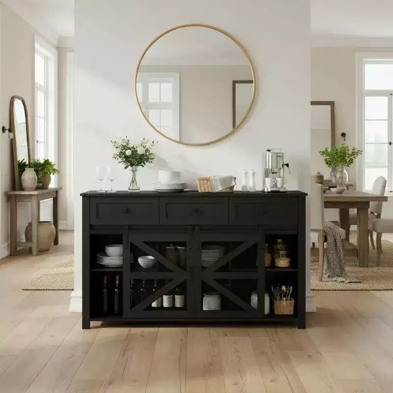 Credenza moderna in vetro per sala da pranzo, mobile dispensa da cucina con anta scorrevole a granaio e maniglie in metallo