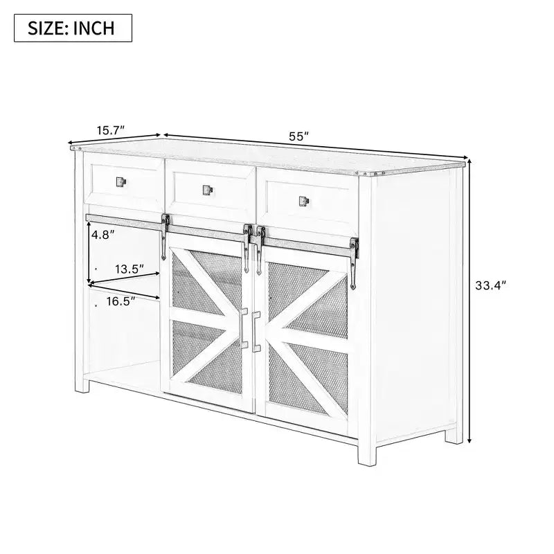 Credenza moderna in vetro per sala da pranzo, mobile dispensa da cucina con anta scorrevole a granaio e maniglie in metallo