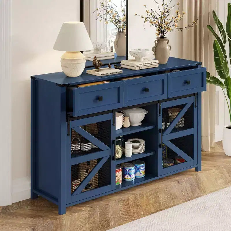 Credenza moderna in vetro per sala da pranzo, mobile dispensa da cucina con anta scorrevole a granaio e maniglie in metallo