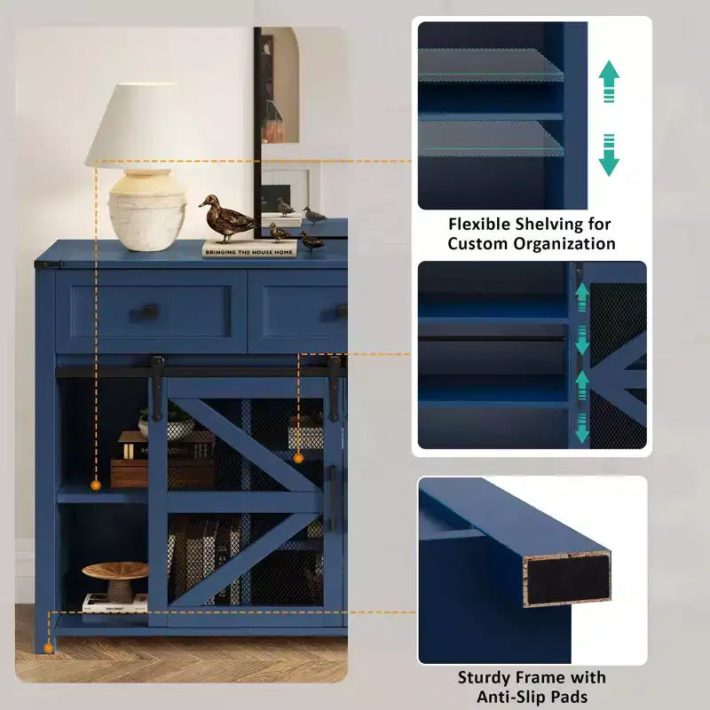 Credenza moderna in vetro per sala da pranzo, mobile dispensa da cucina con anta scorrevole a granaio e maniglie in metallo