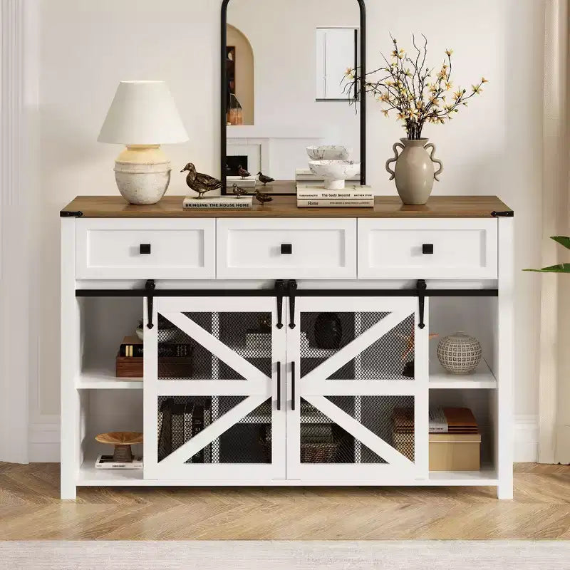 Credenza moderna in vetro per sala da pranzo, mobile dispensa da cucina con anta scorrevole a granaio e maniglie in metallo