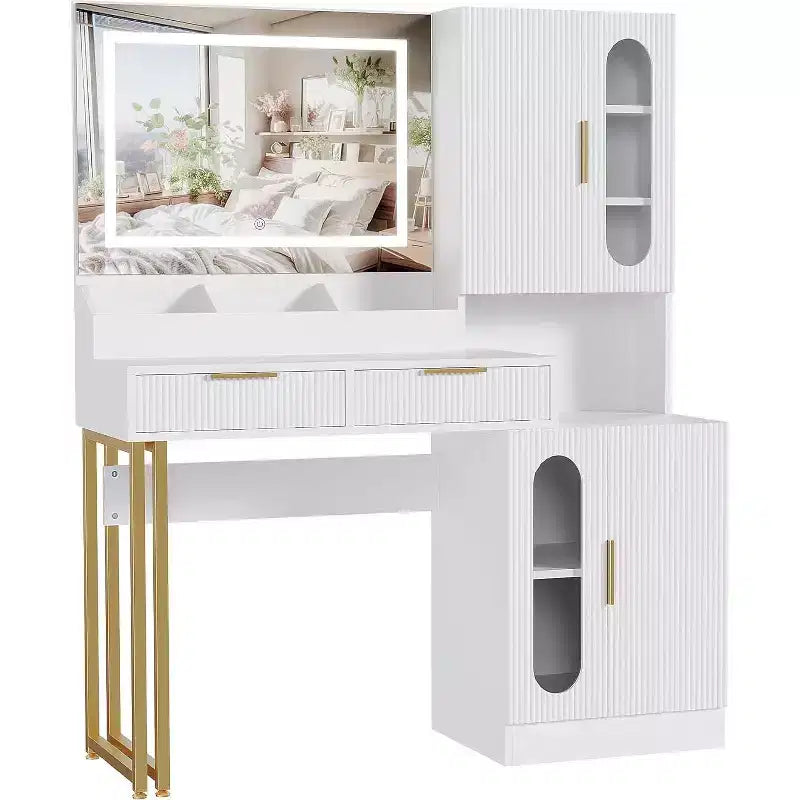Moderna Toeletta con Specchio, Cassetti e Armadietti, Tavolo da Trucco Scanalato per Camera da Letto