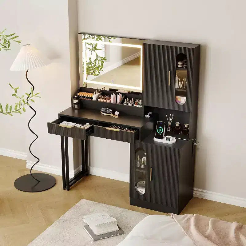 Moderna Toeletta con Specchio, Cassetti e Armadietti, Tavolo da Trucco Scanalato per Camera da Letto