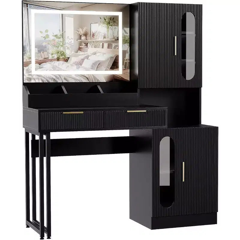 Moderna Toeletta con Specchio, Cassetti e Armadietti, Tavolo da Trucco Scanalato per Camera da Letto