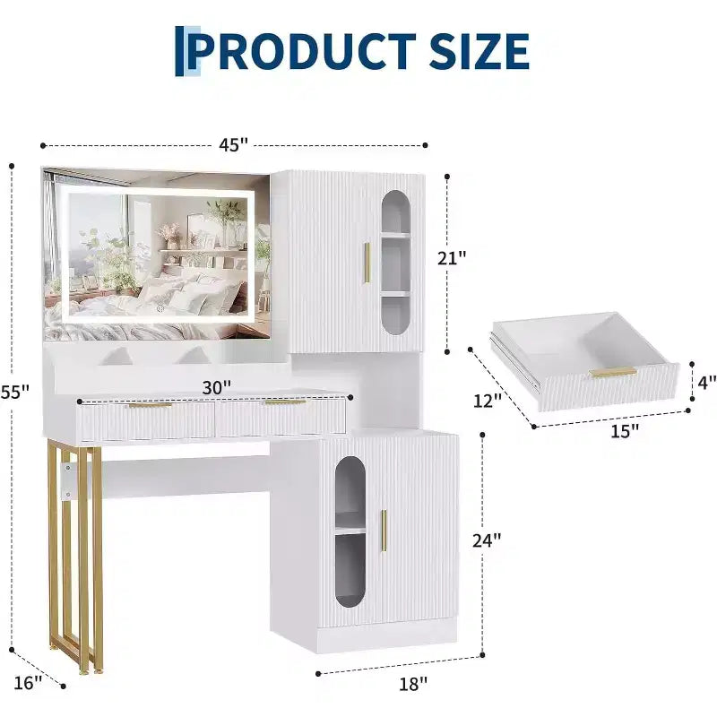 Moderna Toeletta con Specchio, Cassetti e Armadietti, Tavolo da Trucco Scanalato per Camera da Letto