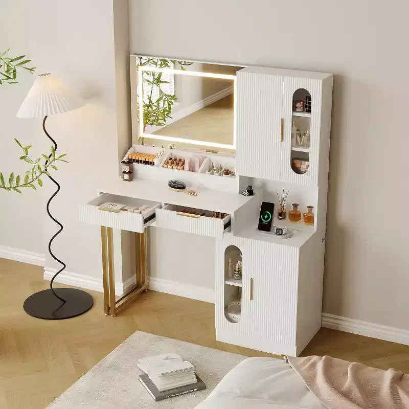 Moderna Toeletta con Specchio, Cassetti e Armadietti, Tavolo da Trucco Scanalato per Camera da Letto