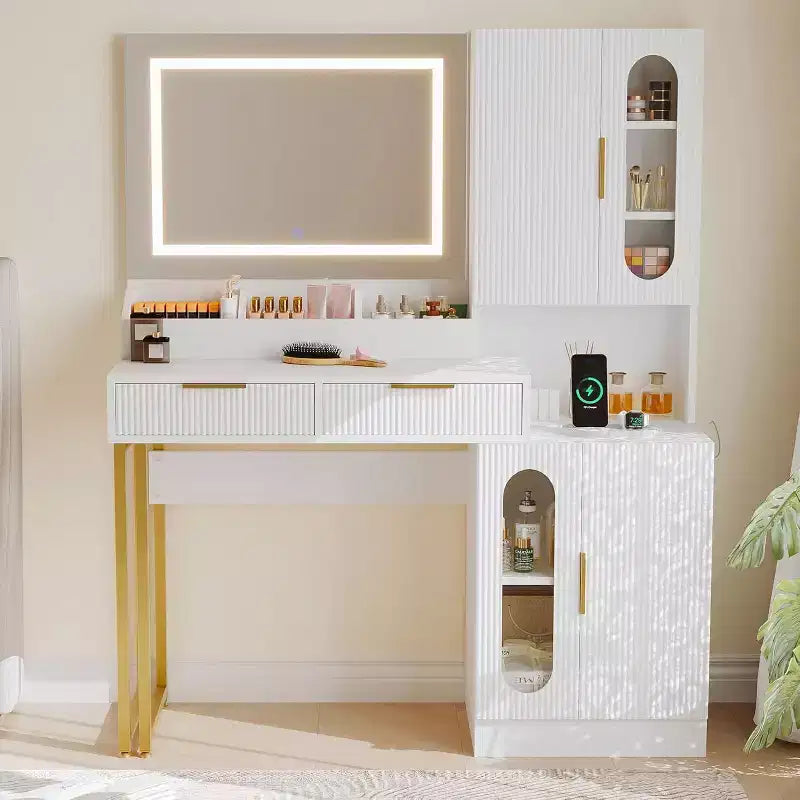 Moderna Toeletta con Specchio, Cassetti e Armadietti, Tavolo da Trucco Scanalato per Camera da Letto