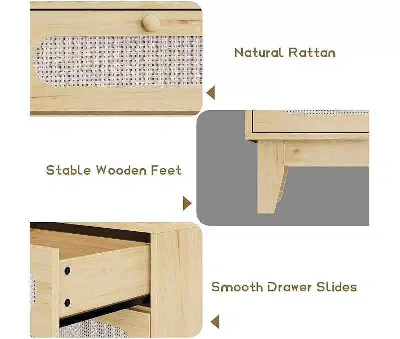 Comò a 6 cassetti in rattan, con porte USB e prese di corrente, 6 cassetti per camera da letto, soggiorno, ingresso, comodino, sala da pranzo, corridoio