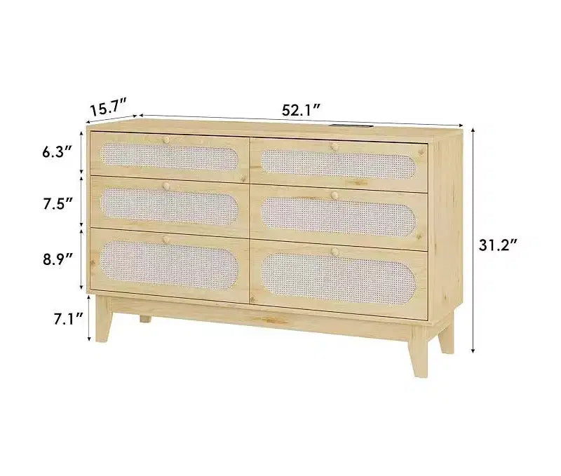 Comò a 6 cassetti in rattan, con porte USB e prese di corrente, 6 cassetti per camera da letto, soggiorno, ingresso, comodino, sala da pranzo, corridoio