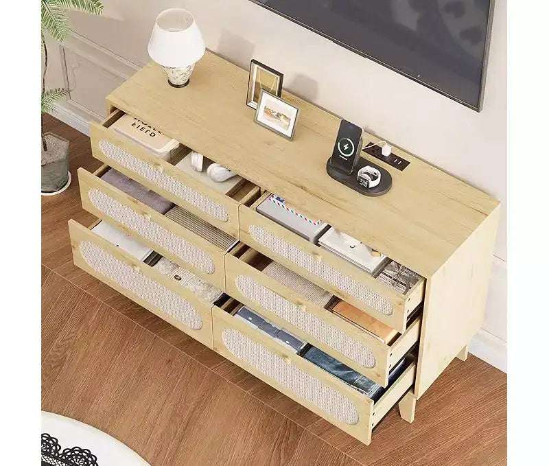 Comò a 6 cassetti in rattan, con porte USB e prese di corrente, 6 cassetti per camera da letto, soggiorno, ingresso, comodino, sala da pranzo, corridoio