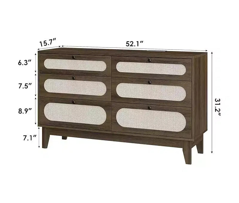 Comò a 6 cassetti in rattan, con porte USB e prese di corrente, 6 cassetti per camera da letto, soggiorno, ingresso, comodino, sala da pranzo, corridoio