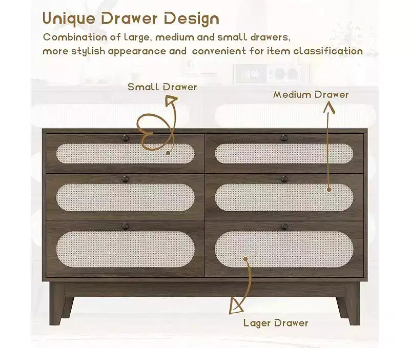 Comò a 6 cassetti in rattan, con porte USB e prese di corrente, 6 cassetti per camera da letto, soggiorno, ingresso, comodino, sala da pranzo, corridoio