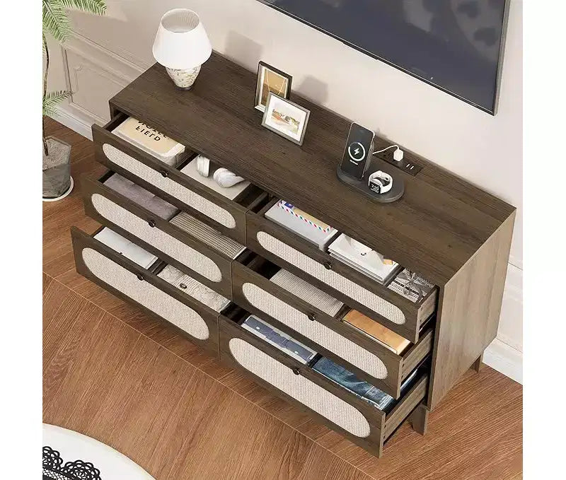 Comò a 6 cassetti in rattan, con porte USB e prese di corrente, 6 cassetti per camera da letto, soggiorno, ingresso, comodino, sala da pranzo, corridoio