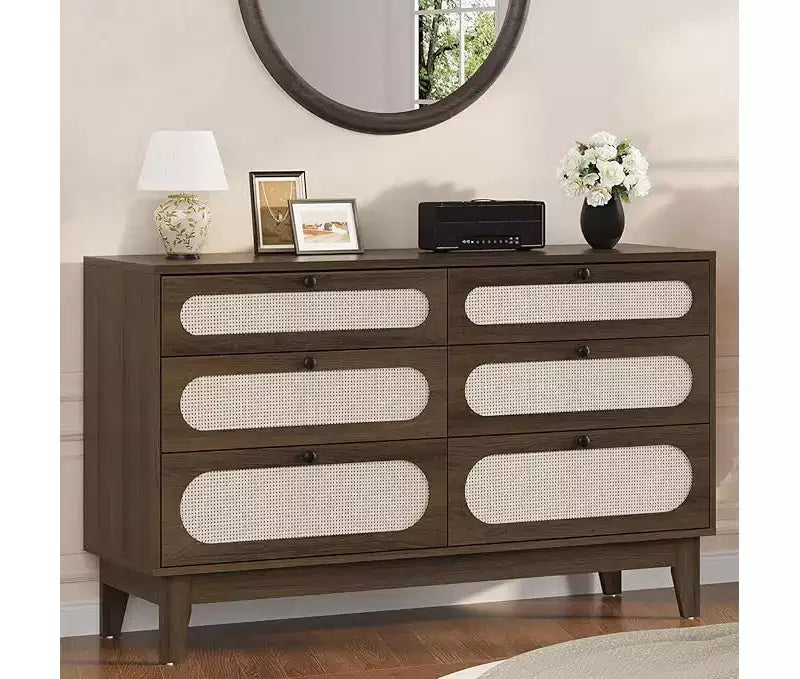 Comò a 6 cassetti in rattan, con porte USB e prese di corrente, 6 cassetti per camera da letto, soggiorno, ingresso, comodino, sala da pranzo, corridoio