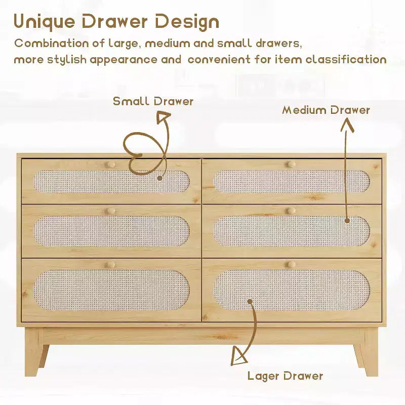Comò a 6 cassetti in rattan, con porte USB e prese di corrente, 6 cassetti per camera da letto, soggiorno, ingresso, comodino, sala da pranzo, corridoio
