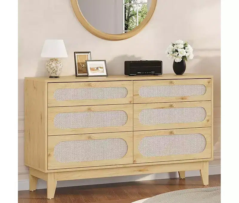 Comò a 6 cassetti in rattan, con porte USB e prese di corrente, 6 cassetti per camera da letto, soggiorno, ingresso, comodino, sala da pranzo, corridoio