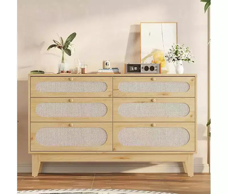 Comò a 6 cassetti in rattan, con porte USB e prese di corrente, 6 cassetti per camera da letto, soggiorno, ingresso, comodino, sala da pranzo, corridoio