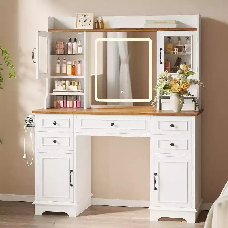 Scrivania da trucco bianca con specchio, luce regolabile, cassetti e porte di ricarica per camera da letto o spogliatoio