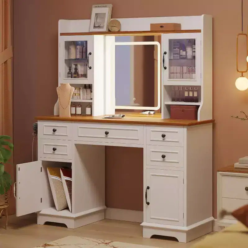 Scrivania da trucco bianca con specchio, luce regolabile, cassetti e porte di ricarica per camera da letto o spogliatoio