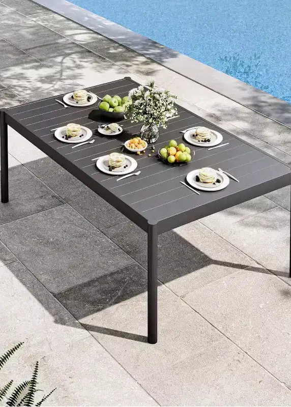 Patio Dining Table with Tempered Glass Desktop, Rectangular Outdoor Table, Weather-Resistant Dining Table