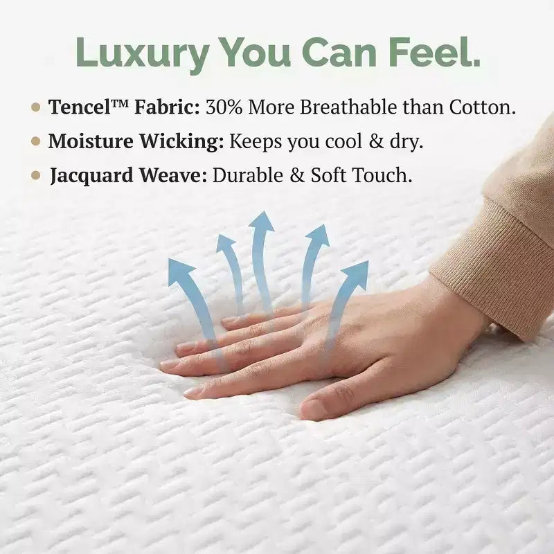Materasso da 8-10 pollici senza fibra di vetro, in memory foam gel al tè verde con rivestimento in Tencel, traspirante, di media rigidità per la schiena