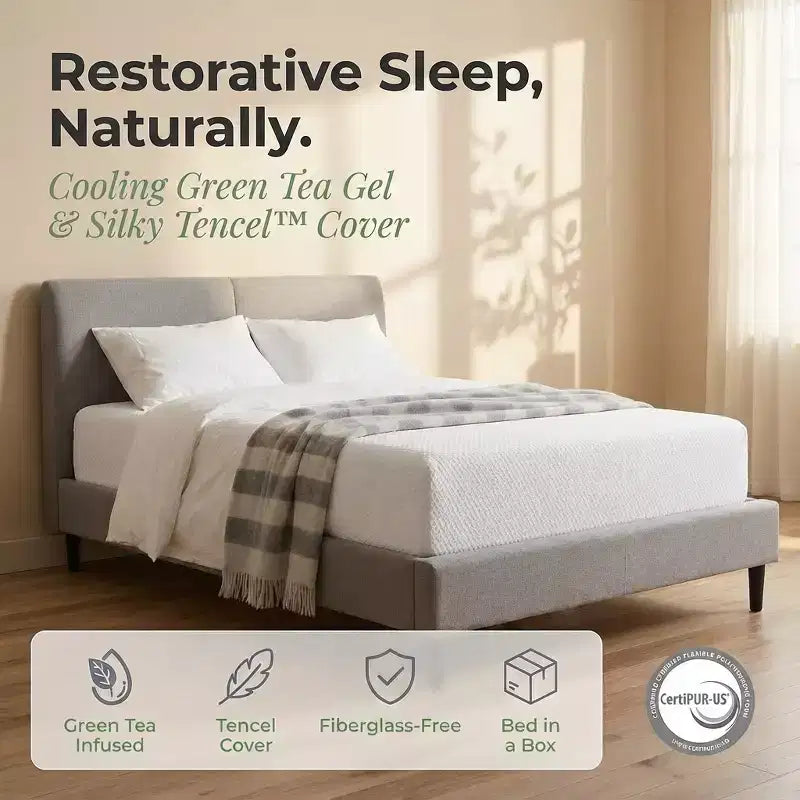 Materasso da 8-10 pollici senza fibra di vetro, in memory foam gel al tè verde con rivestimento in Tencel, traspirante, di media rigidità per la schiena