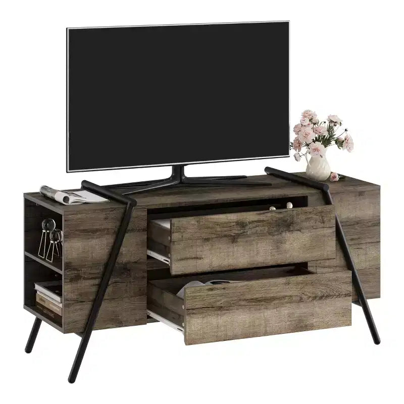 Mobile TV, Centro Intrattenimento Moderno con Ripiano Regolabile, 2 Cassetti, Consolle Multimediale, Gambe in Metallo a U, per Soggiorno, Camera da Letto, Arredamento Ufficio
