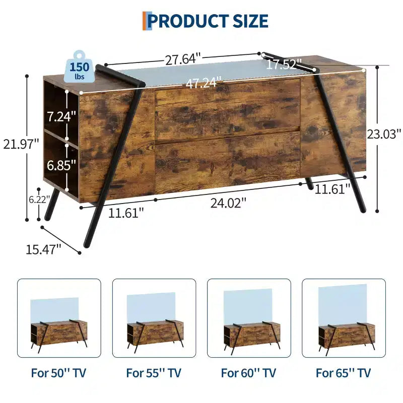 Mobile TV, Centro Intrattenimento Moderno con Ripiano Regolabile, 2 Cassetti, Consolle Multimediale, Gambe in Metallo a U, per Soggiorno, Camera da Letto, Arredamento Ufficio