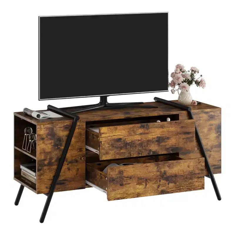 Mobile TV, Centro Intrattenimento Moderno con Ripiano Regolabile, 2 Cassetti, Consolle Multimediale, Gambe in Metallo a U, per Soggiorno, Camera da Letto, Arredamento Ufficio
