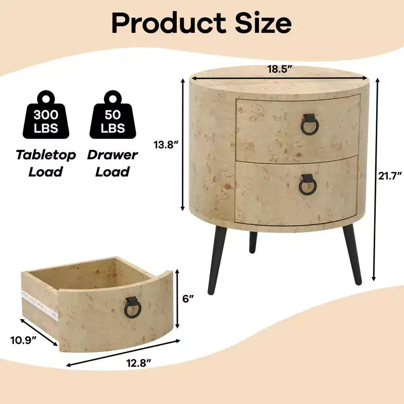 Tavolino rotondo con cassetti Comodino moderno con contenitore Tavolino d'accento rotondo in legno con gambe in metallo per soggiorno