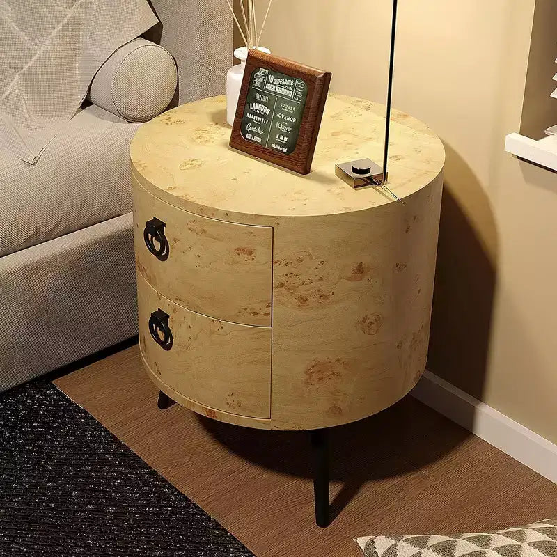 Tavolino rotondo con cassetti Comodino moderno con contenitore Tavolino d'accento rotondo in legno con gambe in metallo per soggiorno