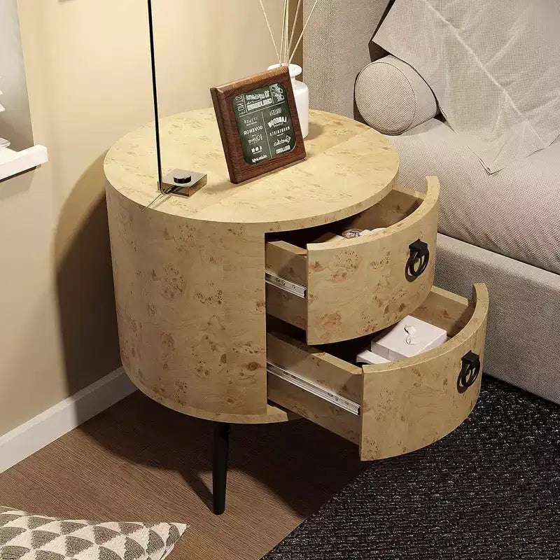 Tavolino rotondo con cassetti Comodino moderno con contenitore Tavolino d'accento rotondo in legno con gambe in metallo per soggiorno