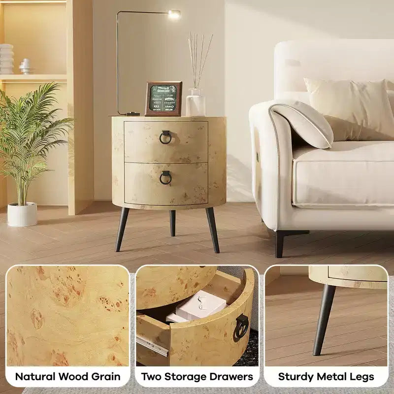Tavolino rotondo con cassetti Comodino moderno con contenitore Tavolino d'accento rotondo in legno con gambe in metallo per soggiorno